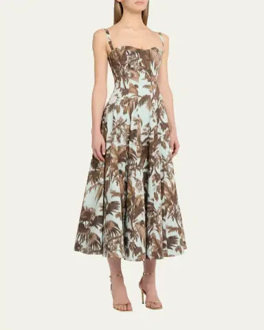 Oscar de la Renta Sleeveless Chine Hibiscus Cotton Poplin Midi Dress | Thumbnail 4 Oscar de la Renta Sleeveless Chine Hibiscus Cotton Poplin Midi Dress | Thumbnail 4