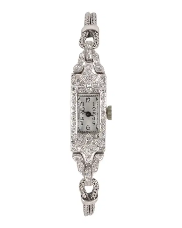 Estate Bulova Platinum Diamond Watch with Cresarrow Chain Estate Bulova Platinum Diamond Watch with Cresarrow Chain