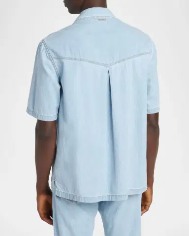 Versace Men's Embroidered-Logo Short-Sleeve Denim Shirt | Thumbnail 2 Versace Men's Embroidered-Logo Short-Sleeve Denim Shirt | Thumbnail 2