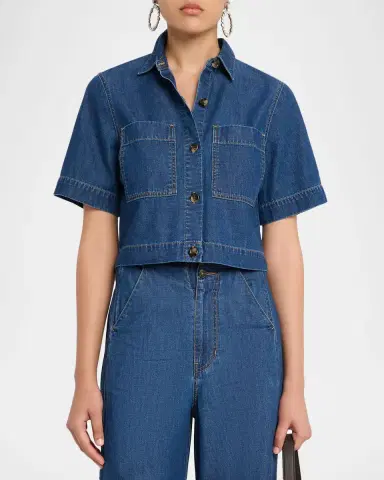 Veronica Beard Spruce Short-Sleeve Denim Top | Thumbnail 4 Veronica Beard Spruce Short-Sleeve Denim Top | Thumbnail 4