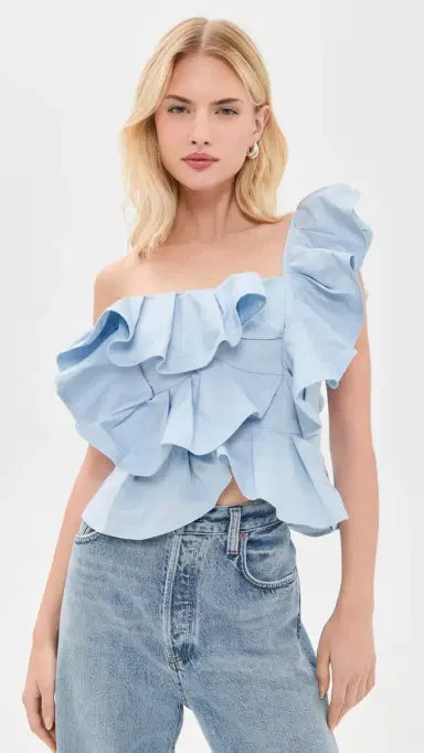 English Factory One Shoulder Ruffle Top Powder Blue | Thumbnail 2 English Factory One Shoulder Ruffle Top Powder Blue | Thumbnail 2