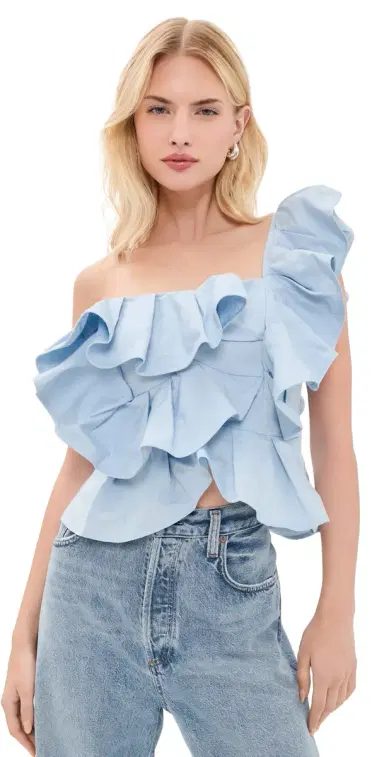 English Factory One Shoulder Ruffle Top Powder Blue | Thumbnail 1 English Factory One Shoulder Ruffle Top Powder Blue | Thumbnail 1