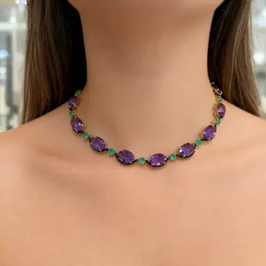 Wish Fine Jewelry 64.42ct Amethyst Emerald Onyx 18K Gold Stationed Necklace | Thumbnail 2 Wish Fine Jewelry 64.42ct Amethyst Emerald Onyx 18K Gold Stationed Necklace | Thumbnail 2