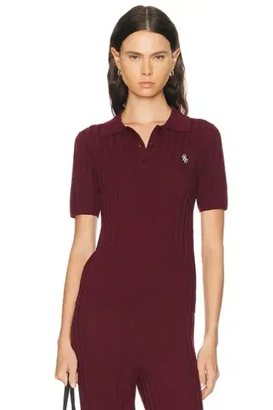 Sporty & Rich Signature Logo Ribbed Polo Top | Thumbnail 1 Sporty & Rich Signature Logo Ribbed Polo Top | Thumbnail 1