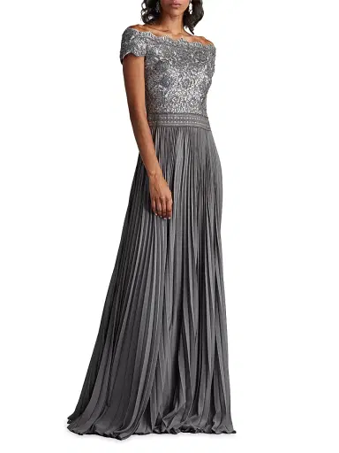 Tadashi Shoji Women's Sequin Corded Lace Pleated Chiffon Gown - Mist | Thumbnail 2 Tadashi Shoji Women's Sequin Corded Lace Pleated Chiffon Gown - Mist | Thumbnail 2