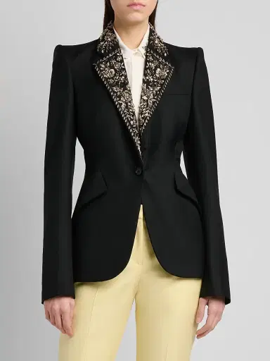 McQueen Women's Floral-Embellished Wool One-Button Blazer - Black | Thumbnail 3 McQueen Women's Floral-Embellished Wool One-Button Blazer - Black | Thumbnail 3