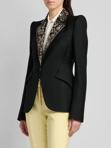 McQueen Women's Floral-Embellished Wool One-Button Blazer - Black | Thumbnail 4 McQueen Women's Floral-Embellished Wool One-Button Blazer - Black | Thumbnail 4