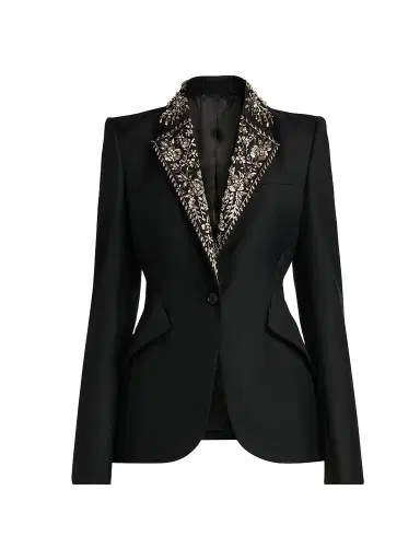 McQueen Women's Floral-Embellished Wool One-Button Blazer - Black | Thumbnail 1 McQueen Women's Floral-Embellished Wool One-Button Blazer - Black | Thumbnail 1