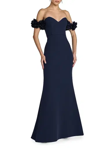 Mac Duggal Women's Petite 3D Floral Crepe Off-the-Shoulder Mermaid Gown - Midnight - Size 12 | Thumbnail 1 Mac Duggal Women's Petite 3D Floral Crepe Off-the-Shoulder Mermaid Gown - Midnight - Size 12 | Thumbnail 1