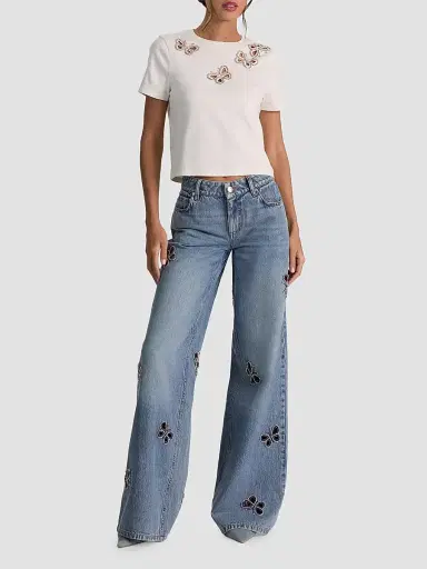Alice + Olivia Women's Amazing Embellished Butterfly Cut-Out Wide-Leg Jeans - Fiona Vintage Blue - Size 32 | Thumbnail 2 Alice + Olivia Women's Amazing Embellished Butterfly Cut-Out Wide-Leg Jeans - Fiona Vintage Blue - Size 32 | Thumbnail 2