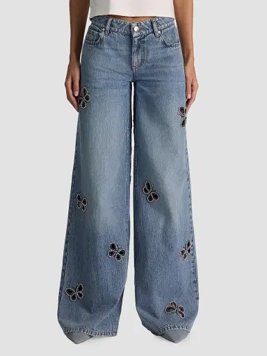 Alice + Olivia Women's Amazing Embellished Butterfly Cut-Out Wide-Leg Jeans - Fiona Vintage Blue - Size 32 | Thumbnail 4 Alice + Olivia Women's Amazing Embellished Butterfly Cut-Out Wide-Leg Jeans - Fiona Vintage Blue - Size 32 | Thumbnail 4