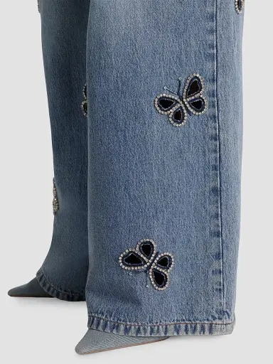 Alice + Olivia Women's Amazing Embellished Butterfly Cut-Out Wide-Leg Jeans - Fiona Vintage Blue - Size 32 | Thumbnail 5 Alice + Olivia Women's Amazing Embellished Butterfly Cut-Out Wide-Leg Jeans - Fiona Vintage Blue - Size 32 | Thumbnail 5