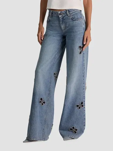 Alice + Olivia Women's Amazing Embellished Butterfly Cut-Out Wide-Leg Jeans - Fiona Vintage Blue - Size 32 | Thumbnail 6 Alice + Olivia Women's Amazing Embellished Butterfly Cut-Out Wide-Leg Jeans - Fiona Vintage Blue - Size 32 | Thumbnail 6