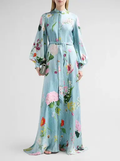 Oscar de la Renta Women's Mixed Botanical Silk Twill Caftan Dress - Blue Multi | Thumbnail 2 Oscar de la Renta Women's Mixed Botanical Silk Twill Caftan Dress - Blue Multi | Thumbnail 2