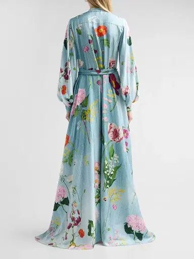 Oscar de la Renta Women's Mixed Botanical Silk Twill Caftan Dress - Blue Multi | Thumbnail 3 Oscar de la Renta Women's Mixed Botanical Silk Twill Caftan Dress - Blue Multi | Thumbnail 3