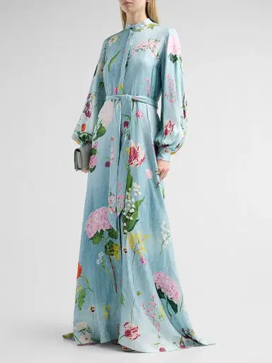 Oscar de la Renta Women's Mixed Botanical Silk Twill Caftan Dress - Blue Multi | Thumbnail 4 Oscar de la Renta Women's Mixed Botanical Silk Twill Caftan Dress - Blue Multi | Thumbnail 4