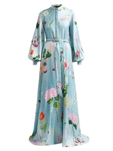 Oscar de la Renta Women's Mixed Botanical Silk Twill Caftan Dress - Blue Multi | Thumbnail 1 Oscar de la Renta Women's Mixed Botanical Silk Twill Caftan Dress - Blue Multi | Thumbnail 1