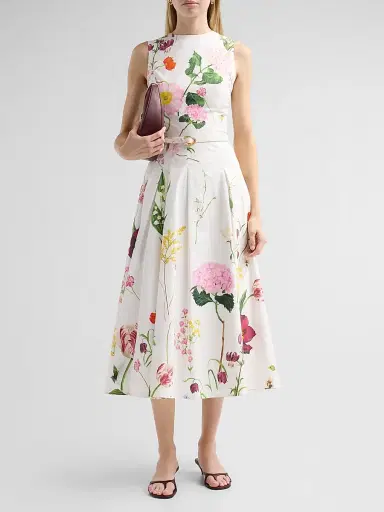 Oscar de la Renta Women's Mixed Botanical Stretch Cotton Sleeveless Day Dress - White Multi | Thumbnail 2 Oscar de la Renta Women's Mixed Botanical Stretch Cotton Sleeveless Day Dress - White Multi | Thumbnail 2