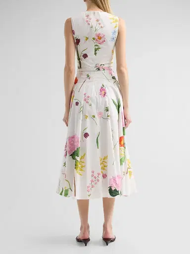 Oscar de la Renta Women's Mixed Botanical Stretch Cotton Sleeveless Day Dress - White Multi | Thumbnail 3 Oscar de la Renta Women's Mixed Botanical Stretch Cotton Sleeveless Day Dress - White Multi | Thumbnail 3