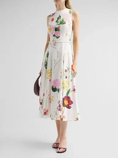 Oscar de la Renta Women's Mixed Botanical Stretch Cotton Sleeveless Day Dress - White Multi | Thumbnail 4 Oscar de la Renta Women's Mixed Botanical Stretch Cotton Sleeveless Day Dress - White Multi | Thumbnail 4