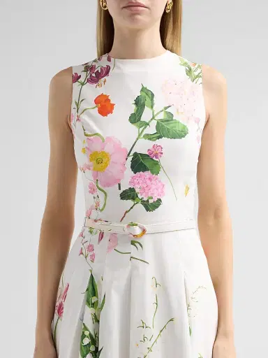 Oscar de la Renta Women's Mixed Botanical Stretch Cotton Sleeveless Day Dress - White Multi | Thumbnail 5 Oscar de la Renta Women's Mixed Botanical Stretch Cotton Sleeveless Day Dress - White Multi | Thumbnail 5