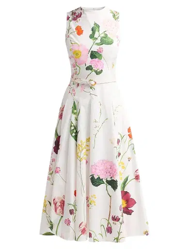 Oscar de la Renta Women's Mixed Botanical Stretch Cotton Sleeveless Day Dress - White Multi | Thumbnail 1 Oscar de la Renta Women's Mixed Botanical Stretch Cotton Sleeveless Day Dress - White Multi | Thumbnail 1