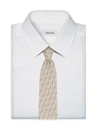 Ferragamo Men's Dogs Print Silk Tie - Avorio | Thumbnail 2 Ferragamo Men's Dogs Print Silk Tie - Avorio | Thumbnail 2