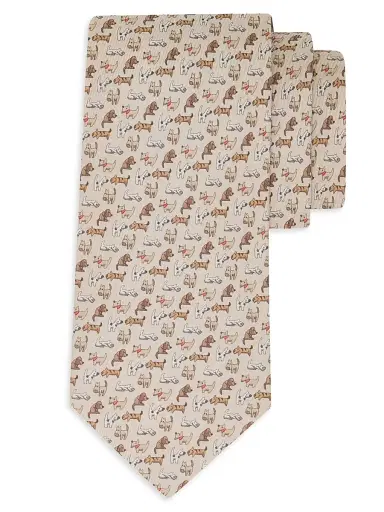 Ferragamo Men's Dogs Print Silk Tie - Avorio | Thumbnail 1 Ferragamo Men's Dogs Print Silk Tie - Avorio | Thumbnail 1