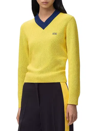 LOEWE Women's Logo Cotton & Wool-Blend V-Neck Sweater - Yellow Blue | Thumbnail 3 LOEWE Women's Logo Cotton & Wool-Blend V-Neck Sweater - Yellow Blue | Thumbnail 3