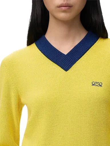 LOEWE Women's Logo Cotton & Wool-Blend V-Neck Sweater - Yellow Blue | Thumbnail 5 LOEWE Women's Logo Cotton & Wool-Blend V-Neck Sweater - Yellow Blue | Thumbnail 5