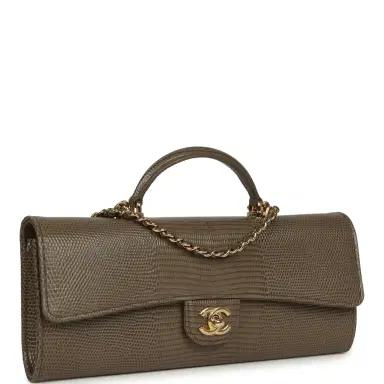 Chanel Chanel Long Top Handle Clutch with Chain Dark Khaki Lizard Embossed Calfskin Gold Hardware | Thumbnail 2 Chanel Chanel Long Top Handle Clutch with Chain Dark Khaki Lizard Embossed Calfskin Gold Hardware | Thumbnail 2