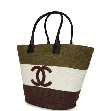 Chanel Chanel Maxi Coco Beach Small Shopping Bag Khaki, White, Brown Raffia and Calfskin | Thumbnail 5 Chanel Chanel Maxi Coco Beach Small Shopping Bag Khaki, White, Brown Raffia and Calfskin | Thumbnail 5