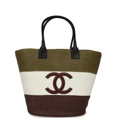 Chanel Chanel Maxi Coco Beach Small Shopping Bag Khaki, White, Brown Raffia and Calfskin | Thumbnail 1 Chanel Chanel Maxi Coco Beach Small Shopping Bag Khaki, White, Brown Raffia and Calfskin | Thumbnail 1