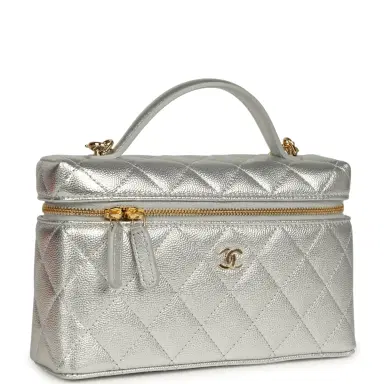 Chanel Chanel Top Handle Long Vanity Case with Chain Silver Metallic Caviar Gold Hardware | Thumbnail 2 Chanel Chanel Top Handle Long Vanity Case with Chain Silver Metallic Caviar Gold Hardware | Thumbnail 2