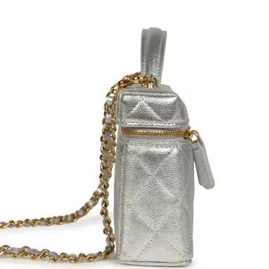 Chanel Chanel Top Handle Long Vanity Case with Chain Silver Metallic Caviar Gold Hardware | Thumbnail 3 Chanel Chanel Top Handle Long Vanity Case with Chain Silver Metallic Caviar Gold Hardware | Thumbnail 3