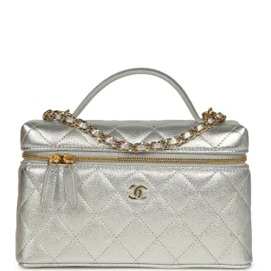 Chanel Chanel Top Handle Long Vanity Case with Chain Silver Metallic Caviar Gold Hardware | Thumbnail 1 Chanel Chanel Top Handle Long Vanity Case with Chain Silver Metallic Caviar Gold Hardware | Thumbnail 1