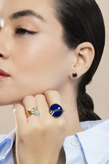 Retrouvaí Blue Sapphire Round Bezel Heirloom Stud Earrings | Thumbnail 2 Retrouvaí Blue Sapphire Round Bezel Heirloom Stud Earrings | Thumbnail 2