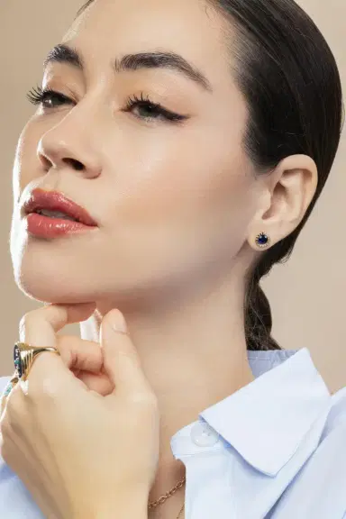 Retrouvaí Blue Sapphire Round Bezel Heirloom Stud Earrings | Thumbnail 4 Retrouvaí Blue Sapphire Round Bezel Heirloom Stud Earrings | Thumbnail 4