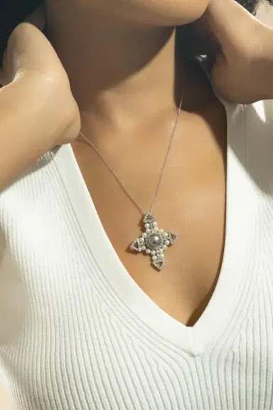 ANDREOLI Diamond Pearl Cross Necklace | Thumbnail 2 ANDREOLI Diamond Pearl Cross Necklace | Thumbnail 2