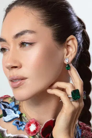 FANTASIA by DESERIO Emerald Double Pear Drop Earrings | Thumbnail 2 FANTASIA by DESERIO Emerald Double Pear Drop Earrings | Thumbnail 2