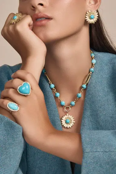 TANYA FARAH Modern Etruscan Kingman Turquoise Gold Cap Necklace | Thumbnail 4 TANYA FARAH Modern Etruscan Kingman Turquoise Gold Cap Necklace | Thumbnail 4