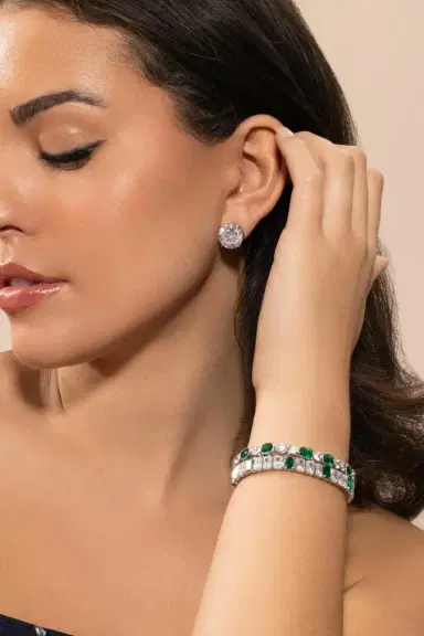 FANTASIA by DESERIO White Round Omega Stud Earrings | Thumbnail 4 FANTASIA by DESERIO White Round Omega Stud Earrings | Thumbnail 4