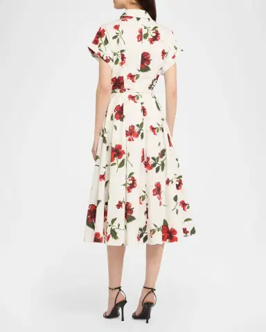 Oscar de la Renta Short-Sleeve Hibiscus Cotton Poplin Midi Shirtdress With Belt | Thumbnail 2 Oscar de la Renta Short-Sleeve Hibiscus Cotton Poplin Midi Shirtdress With Belt | Thumbnail 2
