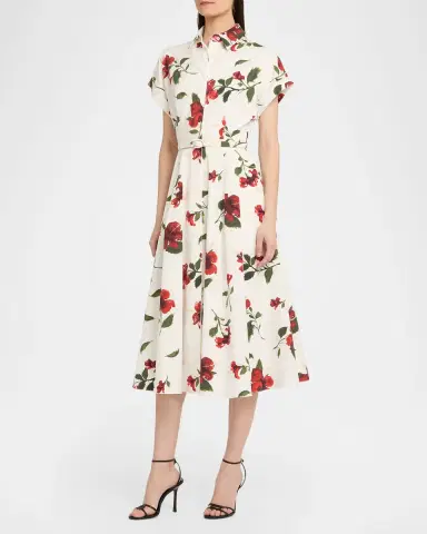 Oscar de la Renta Short-Sleeve Hibiscus Cotton Poplin Midi Shirtdress With Belt | Thumbnail 3 Oscar de la Renta Short-Sleeve Hibiscus Cotton Poplin Midi Shirtdress With Belt | Thumbnail 3