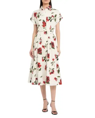 Oscar de la Renta Short-Sleeve Hibiscus Cotton Poplin Midi Shirtdress With Belt | Thumbnail 1 Oscar de la Renta Short-Sleeve Hibiscus Cotton Poplin Midi Shirtdress With Belt | Thumbnail 1