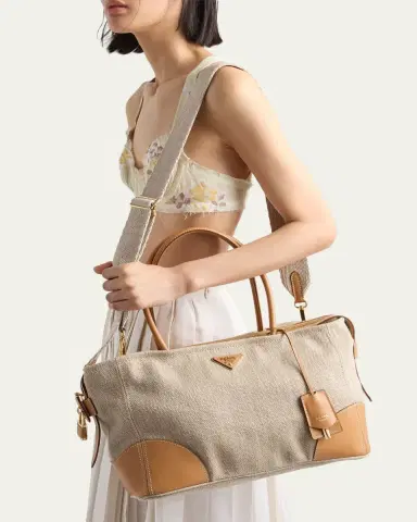 Prada Large Linen & Leather Tote Bag | Thumbnail 2 Prada Large Linen & Leather Tote Bag | Thumbnail 2
