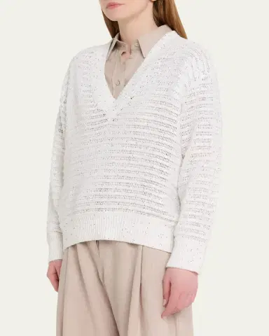 Brunello Cucinelli Linen-Blend Sequin V-Neck Sweater | Thumbnail 4 Brunello Cucinelli Linen-Blend Sequin V-Neck Sweater | Thumbnail 4