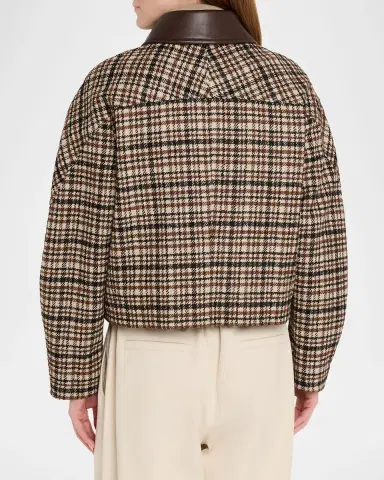 Brunello Cucinelli Leather-Collar Check Boxy Car Coat | Thumbnail 3 Brunello Cucinelli Leather-Collar Check Boxy Car Coat | Thumbnail 3