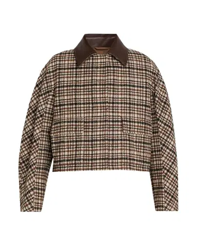 Brunello Cucinelli Leather-Collar Check Boxy Car Coat | Thumbnail 1 Brunello Cucinelli Leather-Collar Check Boxy Car Coat | Thumbnail 1