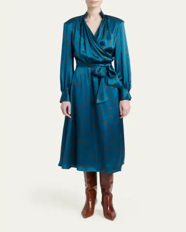 Kiton Strong-Shoulder Long-Sleeve Satin Midi Wrap Dress | Thumbnail 2 Kiton Strong-Shoulder Long-Sleeve Satin Midi Wrap Dress | Thumbnail 2